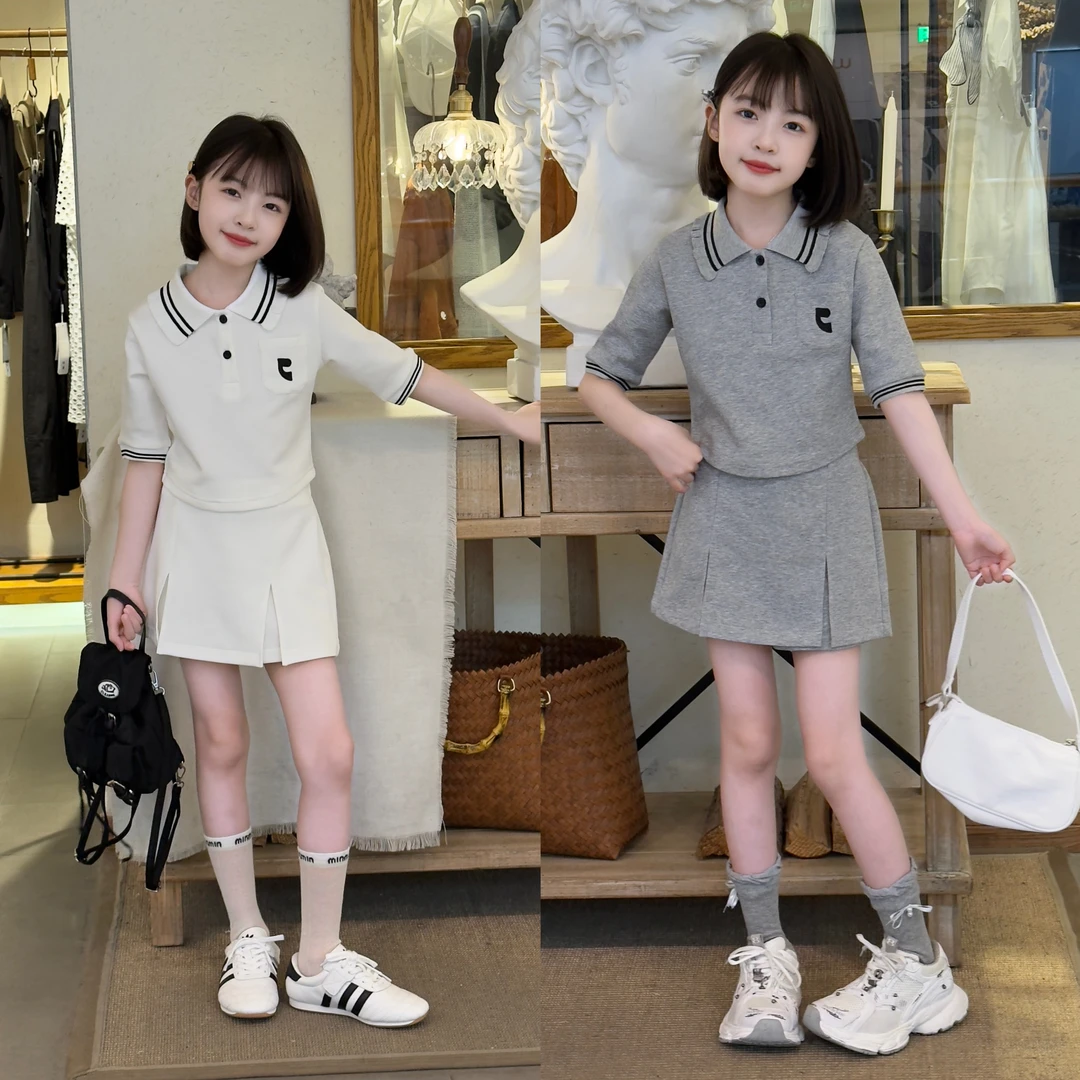 休闲运动套装女童2025夏季新款中大童时尚短袖T恤裤裙两件套
