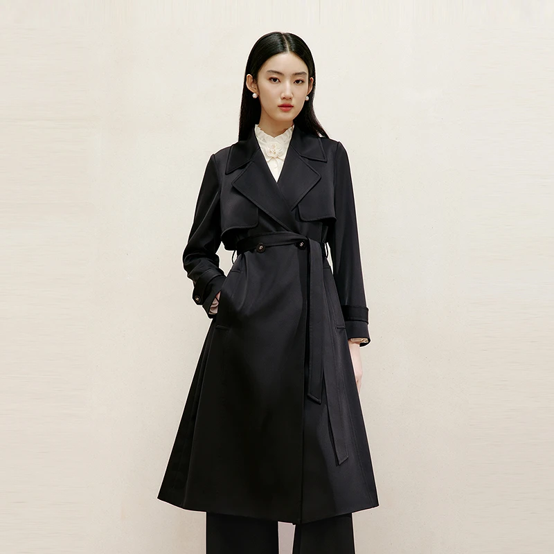 LIME/莱茵【经典艺韵】时尚简约率性大翻领风衣黑色LDGADBWBY802