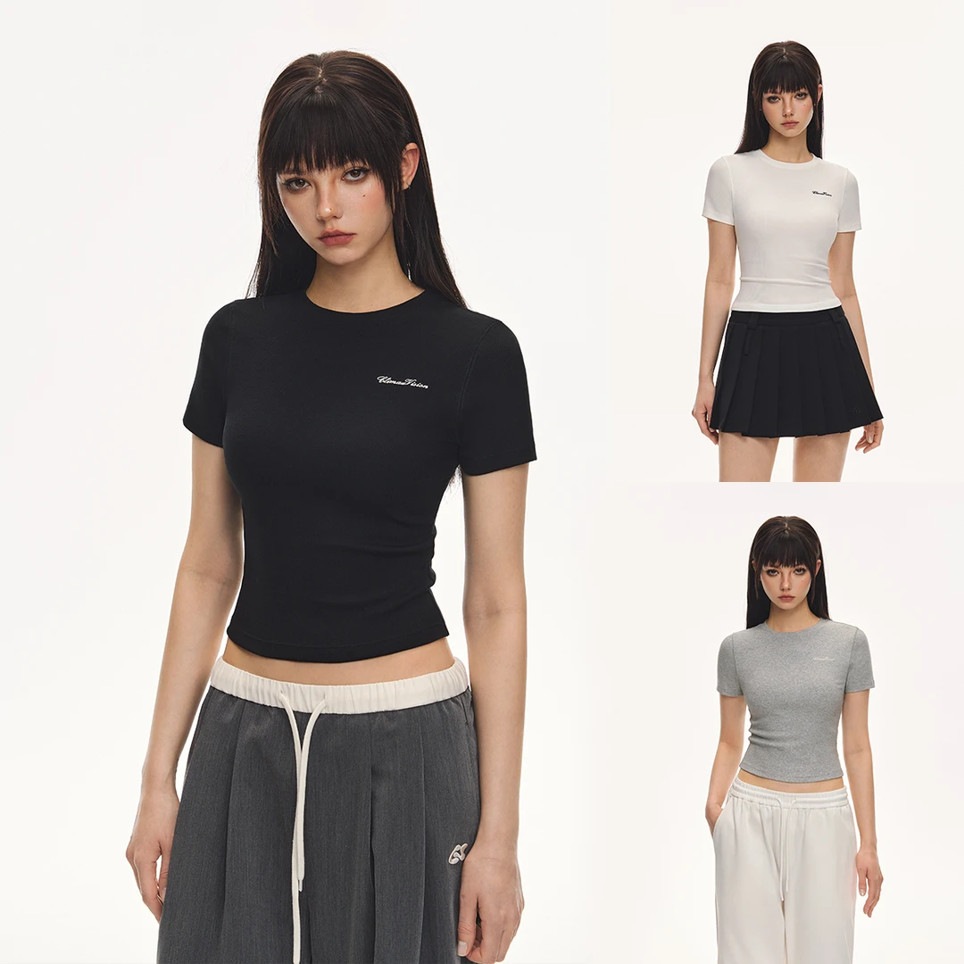 CLIMAX VISION轻薄舒爽凉感竖条纹肌理棉感修身正肩短款短袖T恤女