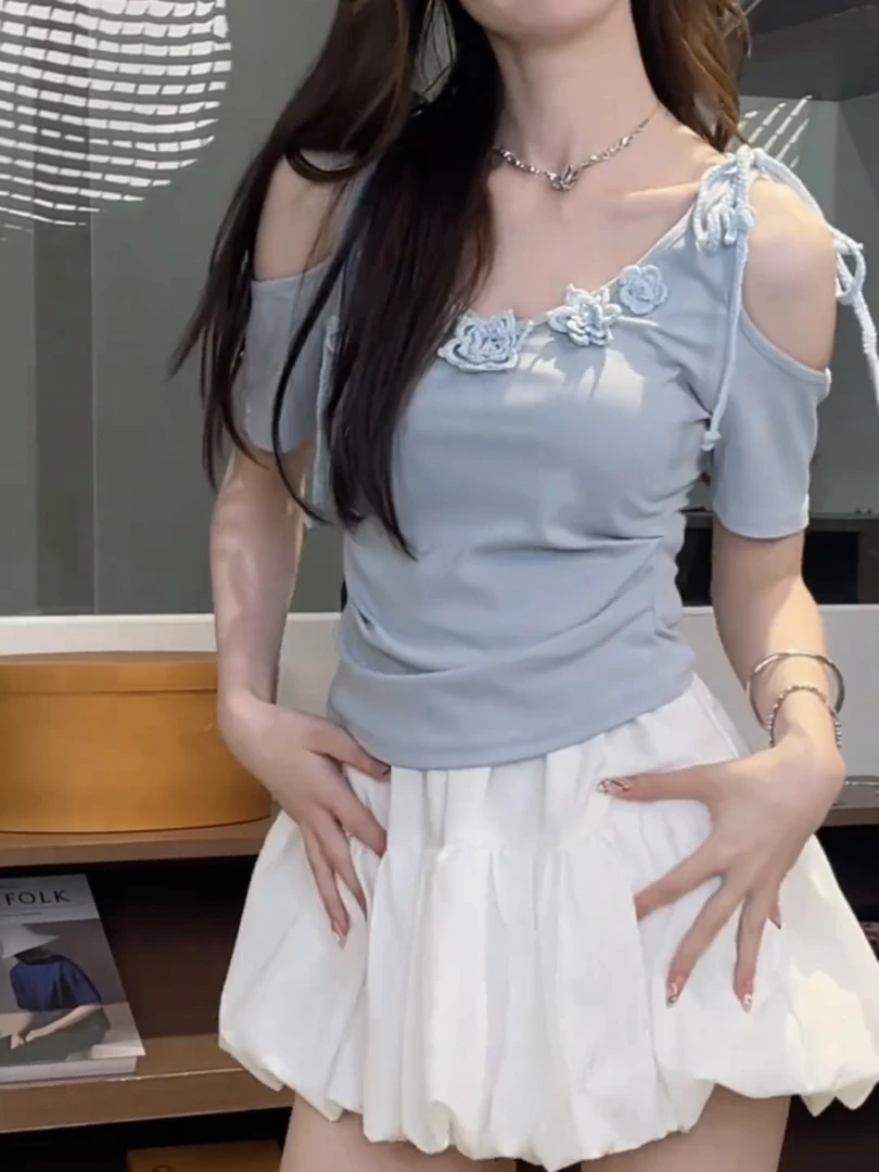 baby蓝立体花朵镂空系带露肩短袖t恤女夏季甜美风修身显瘦小上衣