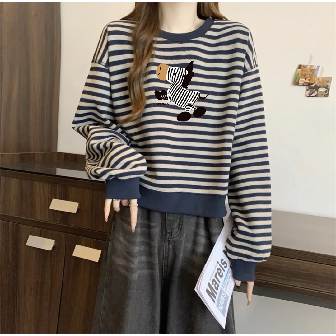 2025春季女学生薄款慵懒风打底衫经典藏青色条纹内搭长袖T恤上衣