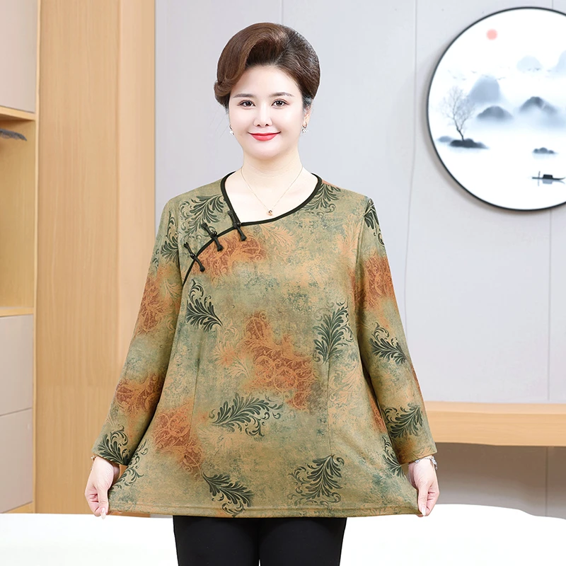 胖妈妈秋季新款长袖中老年女装加肥加大宽松遮肚T恤洋气国风上衣