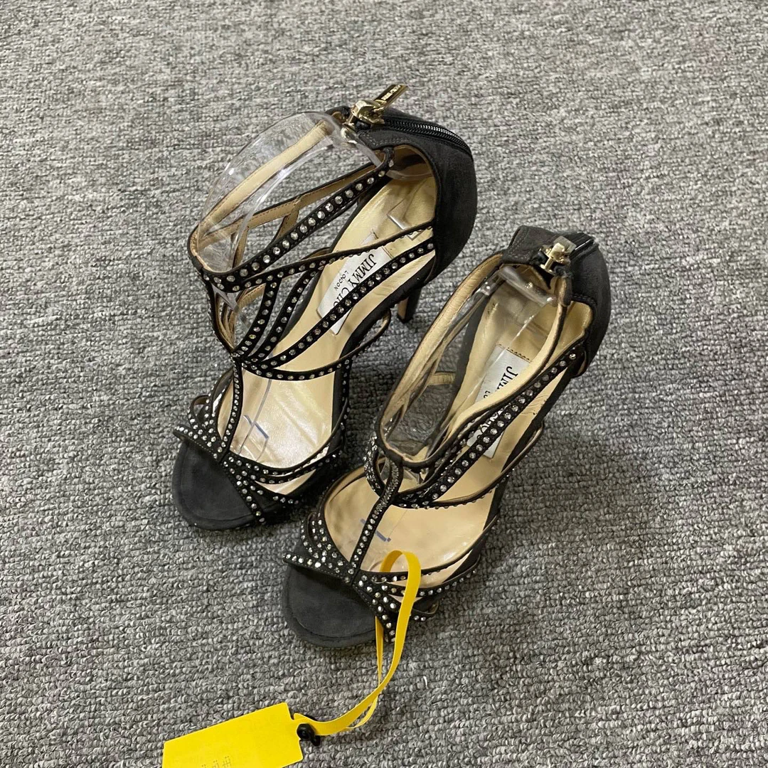 95新 JIMMY CHOO/吉米周 高跟搭扣露趾一字带凉鞋 37码/11776