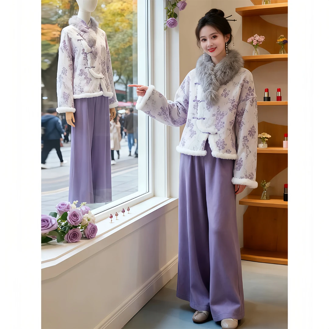 SHALLDOER【紫韵朝花】中式复古套装女新年战袍国风上衣+阔腿裤穿搭
