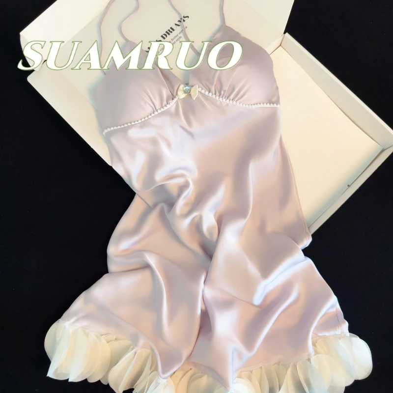 韩版小众纯欲轻奢带胸垫吊带裙女夏款缎面冰丝家居服外穿连衣裙