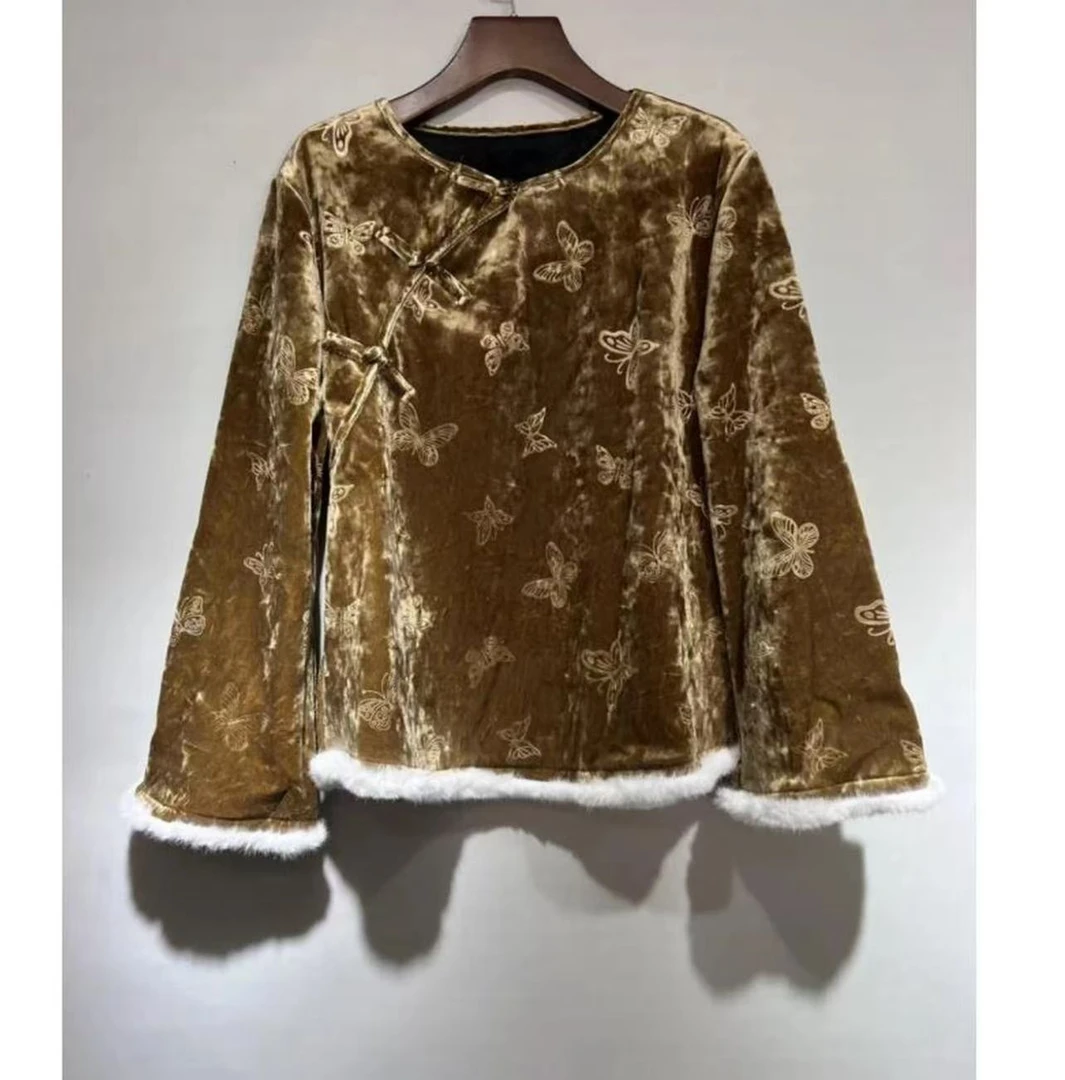 【金蝶】纯色斜襟长袖冬季女常规款提花上衣国风圆领新中式百搭962