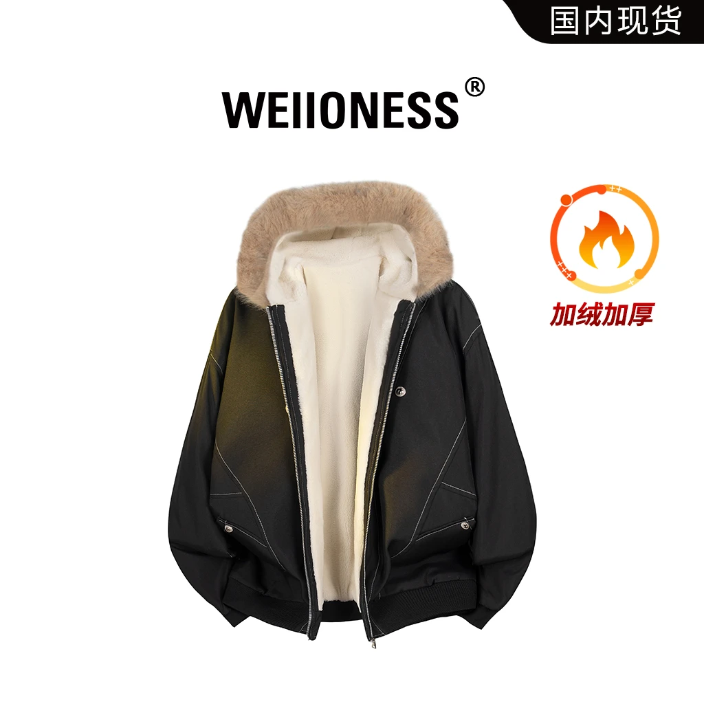 WEIIONESS冬季毛领连帽棉衣男休闲加绒加厚保暖棉服外套轻奢男装