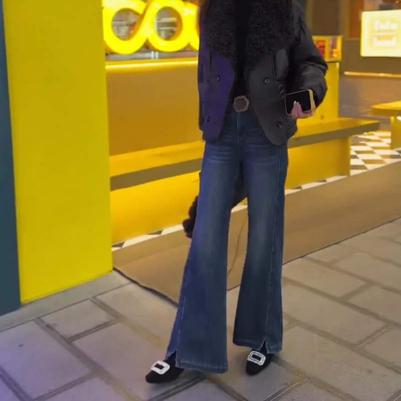 蓝色微喇叭牛仔裤女2025秋冬加绒大码胖mm高腰弹力宽松显瘦喇叭裤