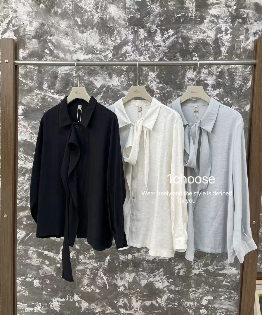 2025早春新中式长袖宽松小众麻料竹节设计感飘带衬衫上衣黑色白色