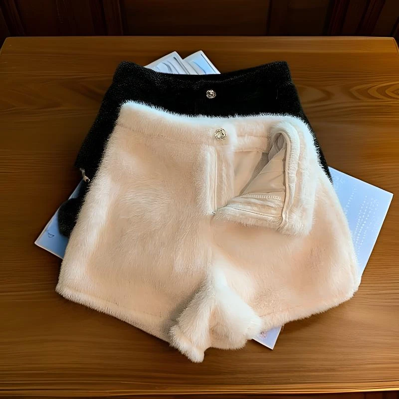 秋冬季设计感高腰保暖短裤时尚新款外穿休闲风纯色一字扣仿貂毛毛