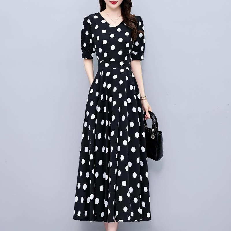 波点醋酸面料连衣裙2025新款女士夏季高端轻奢高级感气质妈妈长裙