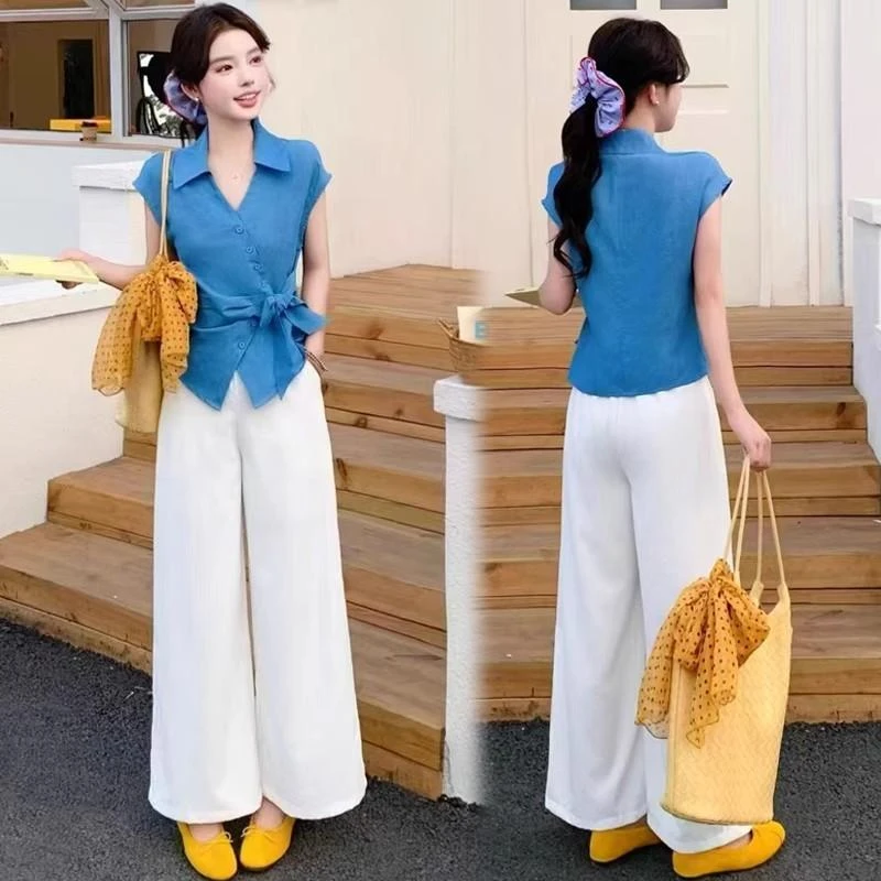 简约时尚V领收腰上衣2025夏季新款洋气气质上衣阔腿裤套装韩版