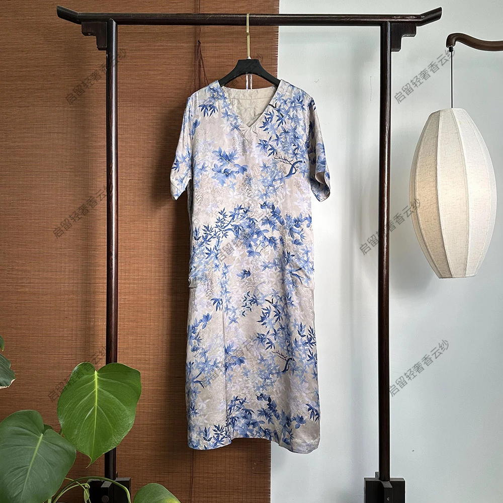 【7938】 青花瓷 香云纱工艺40姆米 提花花萝连衣裙