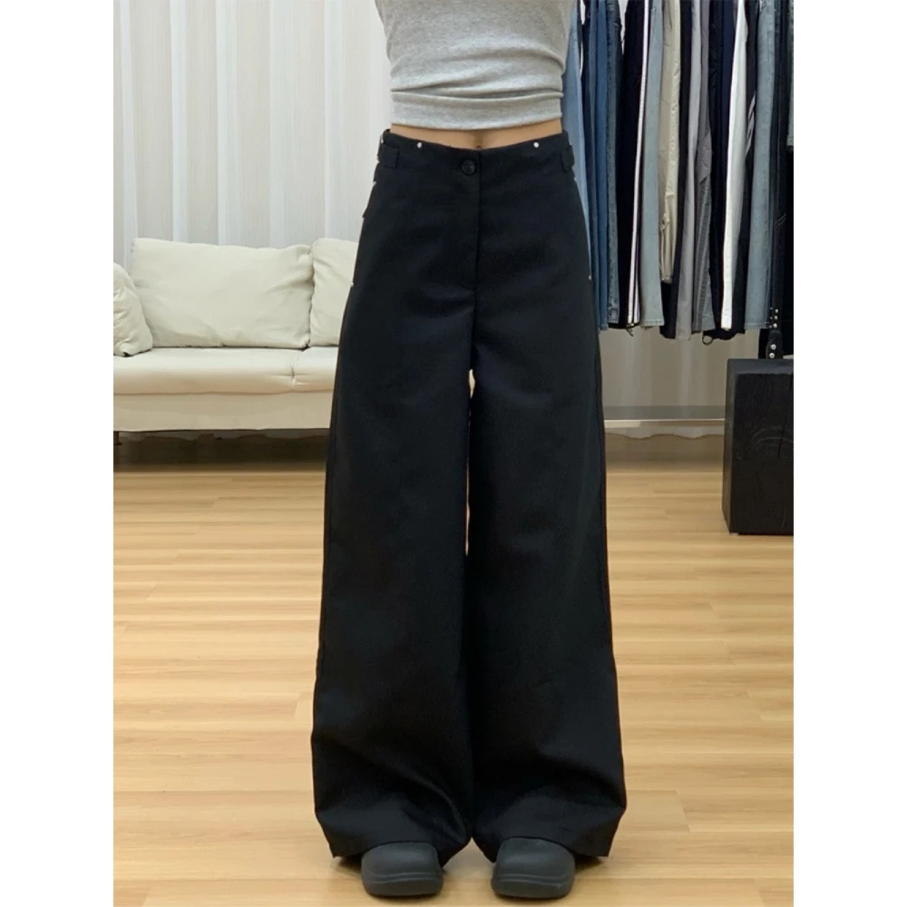 大码美式设计感工装休闲阔腿裤女春季小众高腰垂感显瘦直筒拖地裤