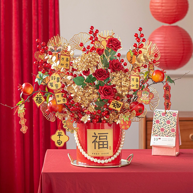 2025新款发发果发财果福桶摆件客厅电视柜春节装饰乔迁仿真花摆设