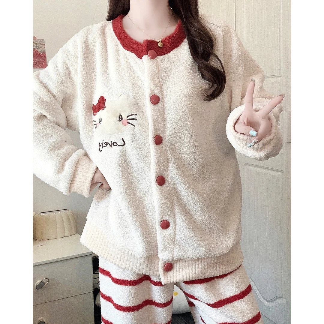 KT猫睡衣女2025新款加厚半边绒可外穿少女秋冬季珊瑚绒家居服套装