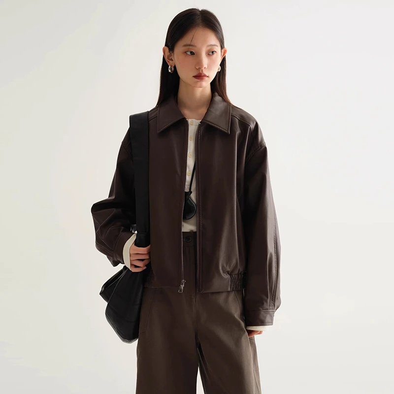 2025秋季新款深咖色复古PU皮衣夹克经典气质休闲拉链短款外套女