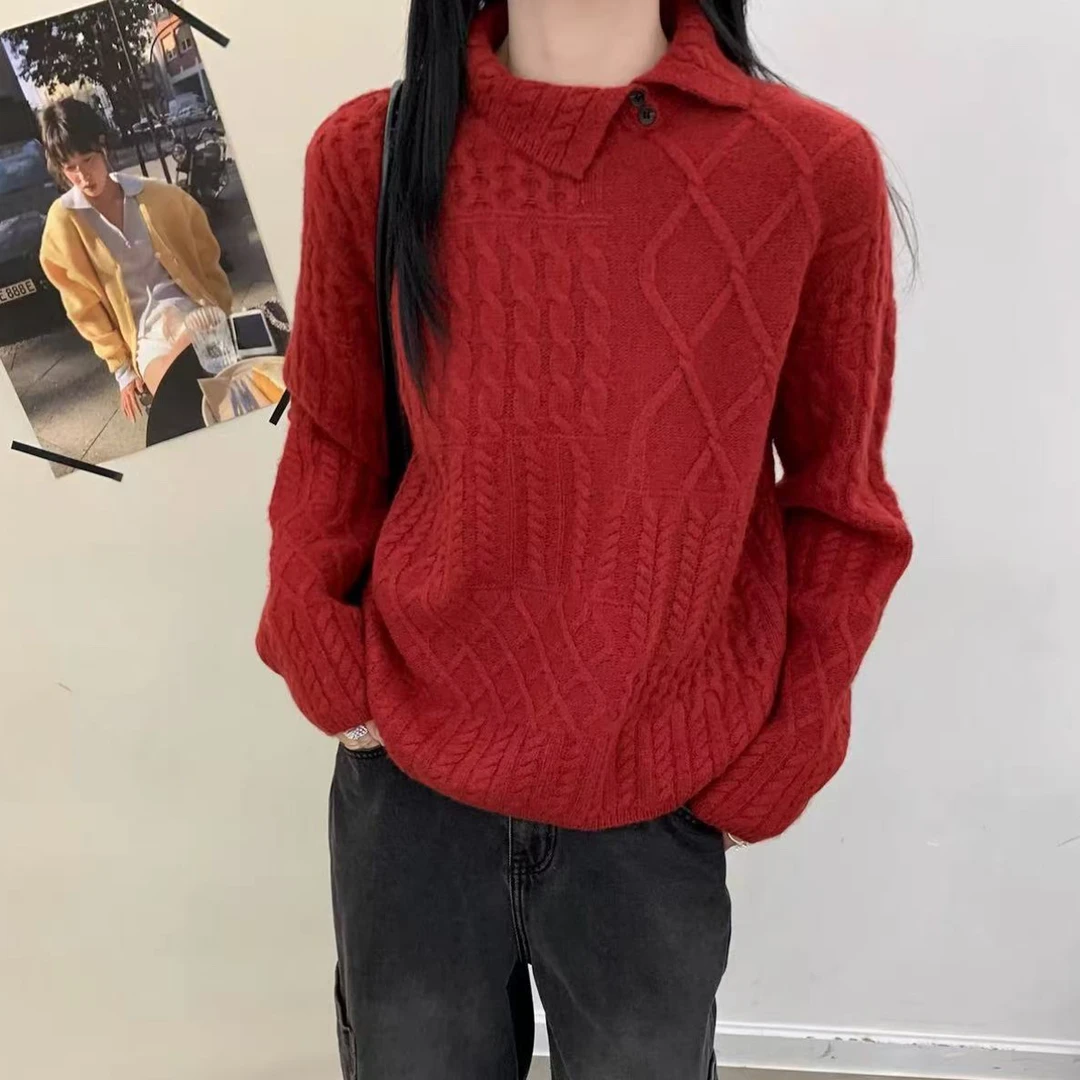 法国高领慵懒风麻花毛衣女新款小众百搭外穿长袖翻领针织衫7682