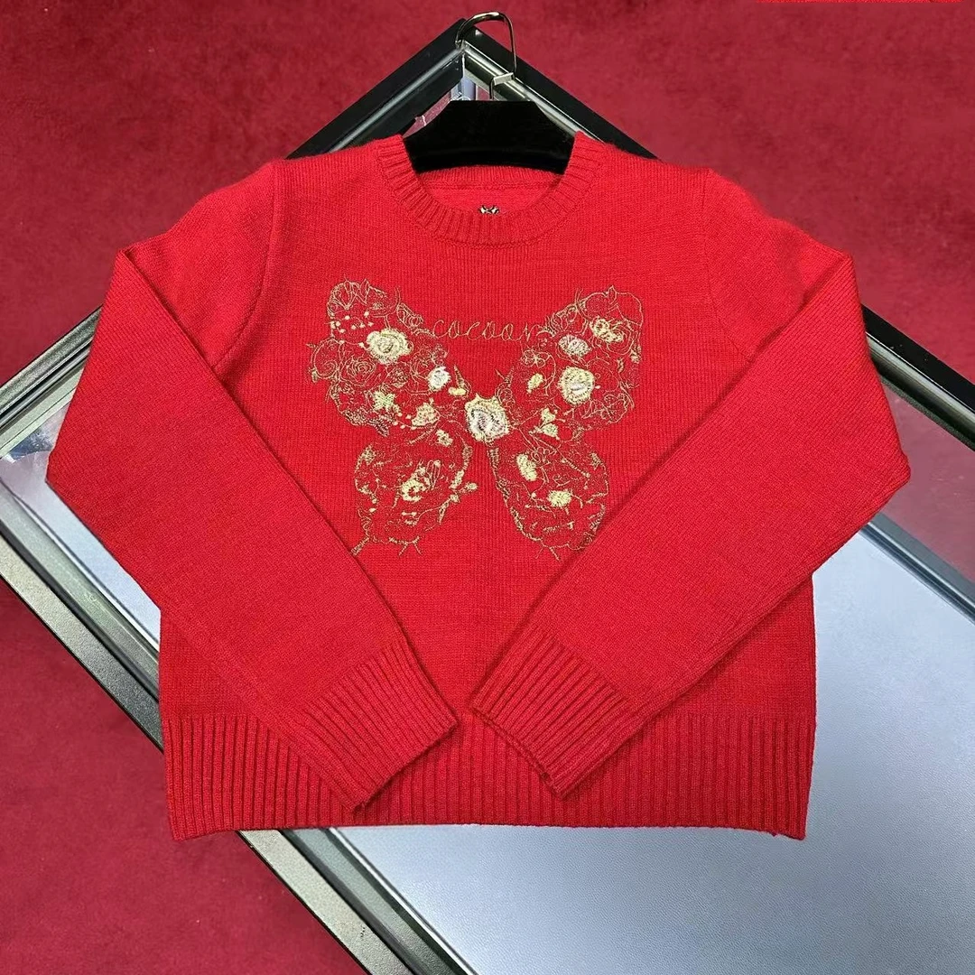 D579新款蝴蝶长袖刺绣时尚红色针织毛衣网红休闲套头设计师