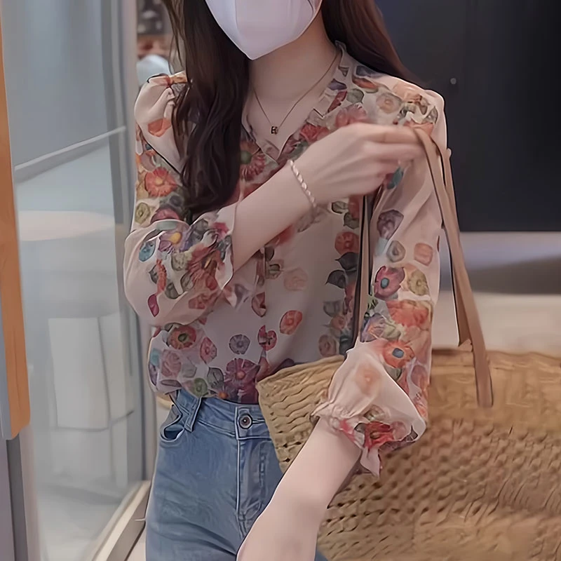法式v领碎花雪纺衬衫女士夏季2025新款宽松显瘦洋气减龄休闲上衣