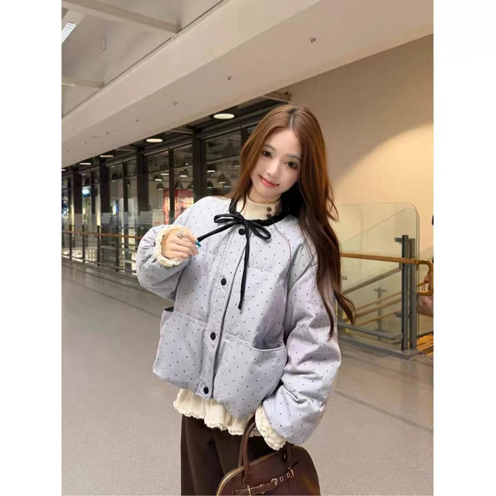 蝴蝶结绑带粉色外套女装冬季抽绳保暖小个子韩版甜美宽松