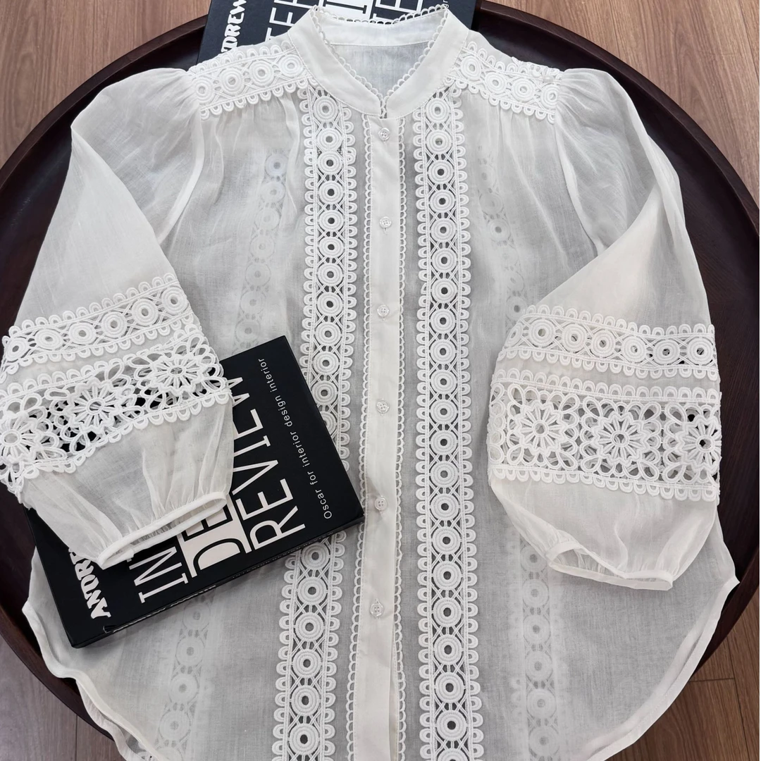 2025春季新款薄款衬衫时尚蕾丝镂空衬衫气质百搭白色衬衣0226
