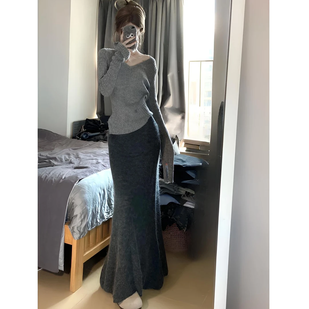 法式包臀针织休闲半身裙女秋冬新款高腰显瘦纯欲修身鱼尾长裙