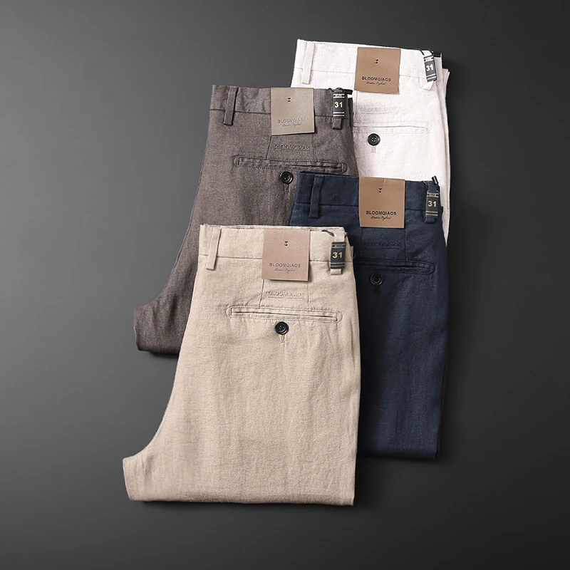 夏季薄款亚麻休闲裤男士透气宽松直筒商务长裤舒适麻料