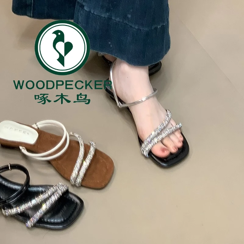 啄木鸟气质水钻一字带露趾方头拖鞋女2025夏季配裙子百搭两穿凉鞋