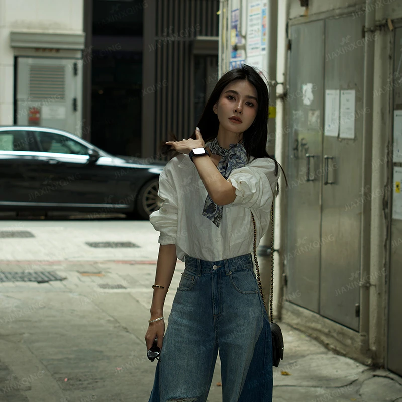 赵佳欣高级感时尚亚麻白色衬衫慵懒风2024春夏秋爆款休闲百搭设计