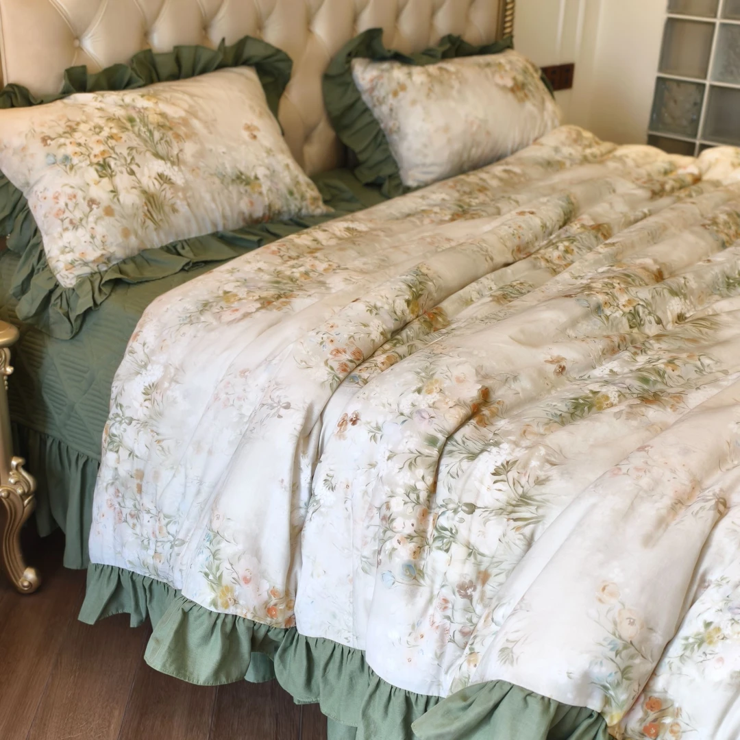 小冲冲【花溪柠夏】法式浪漫森系全棉双层纱印花床盖款四件套