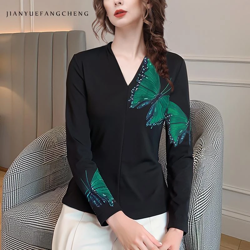 2025春装设计感印花V领衬衫上衣修身洋气休闲打底衫衬衣SC255572