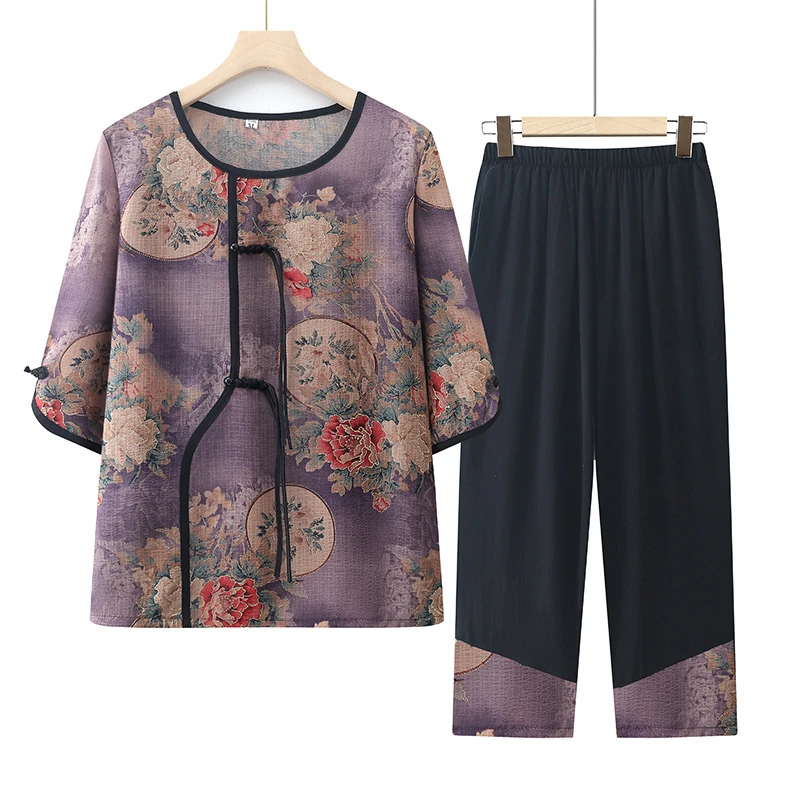 妈妈夏装中袖套装老年人女奶奶夏季t恤女老太太衣服两件套新中式