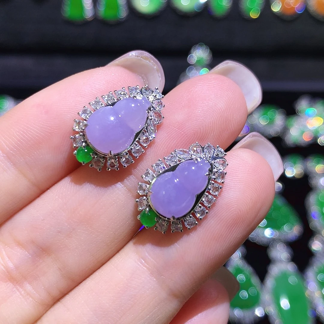 翡翠18K金镶嵌耳饰高冰紫罗兰