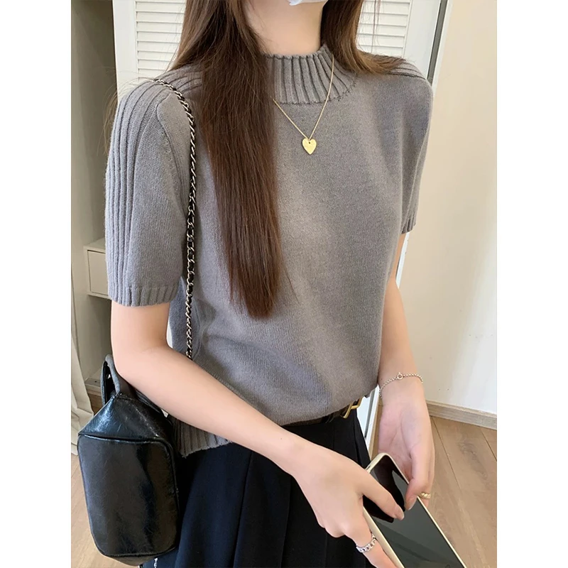 Moses Queen/魔西女王半高领短袖针织衫早春简约显瘦气质百搭上衣