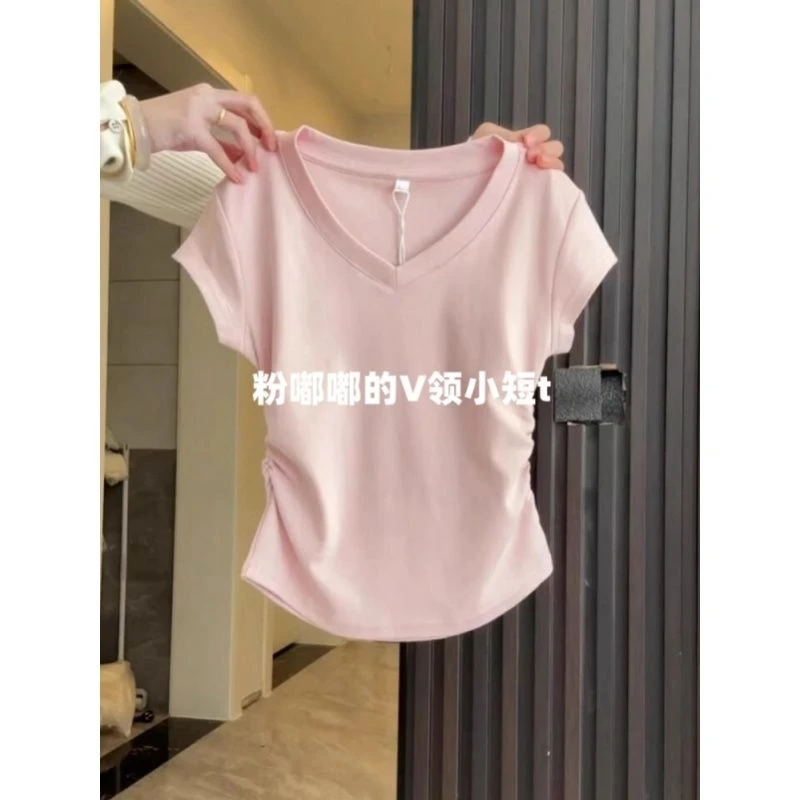 正肩短袖t恤女辣妹褶皱收腰修身小个子短款多巴胺v领设计感上衣潮