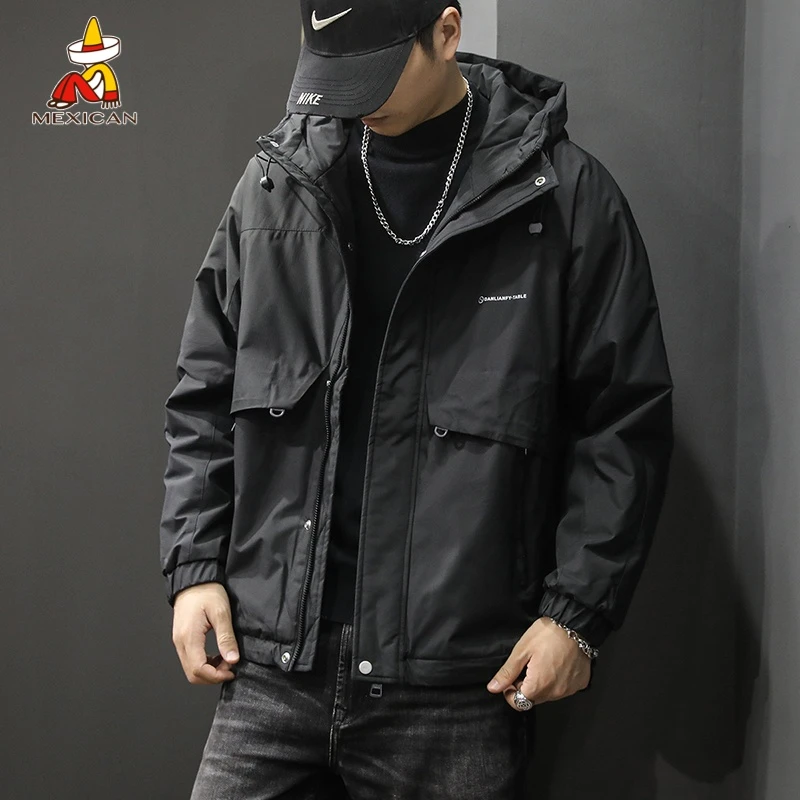 Mexican/稻草人秋季美式户外登山冲锋外套男宽松防风连帽工装夹克