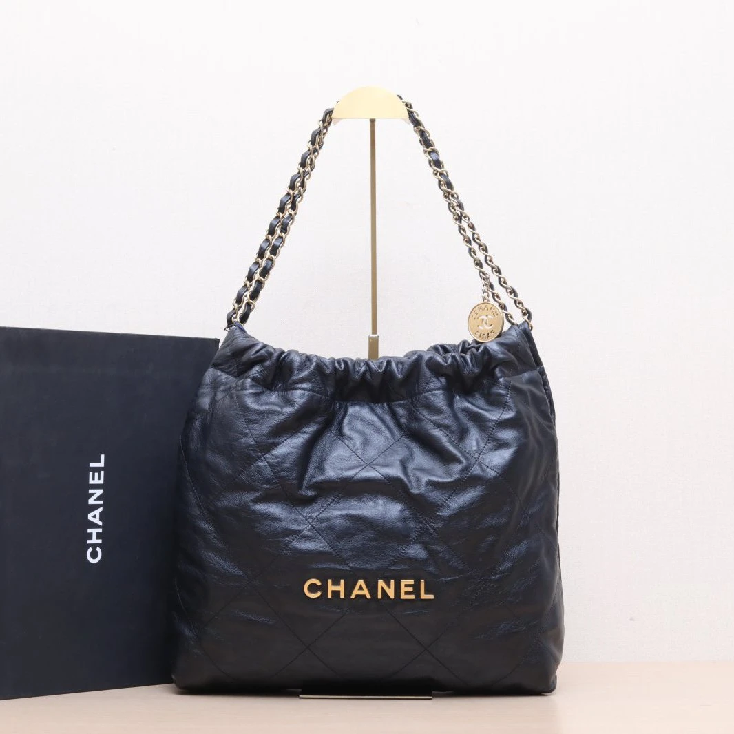 95新 Chanel/香奈儿 新粉黑黑22Bag Tote托特包 中号 黑色芯片开 