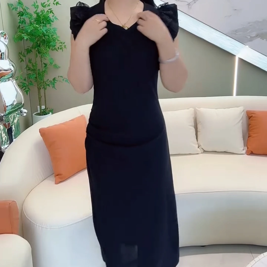 夏季新款显瘦收腰法式气质女士V领针织开叉包臀连衣裙