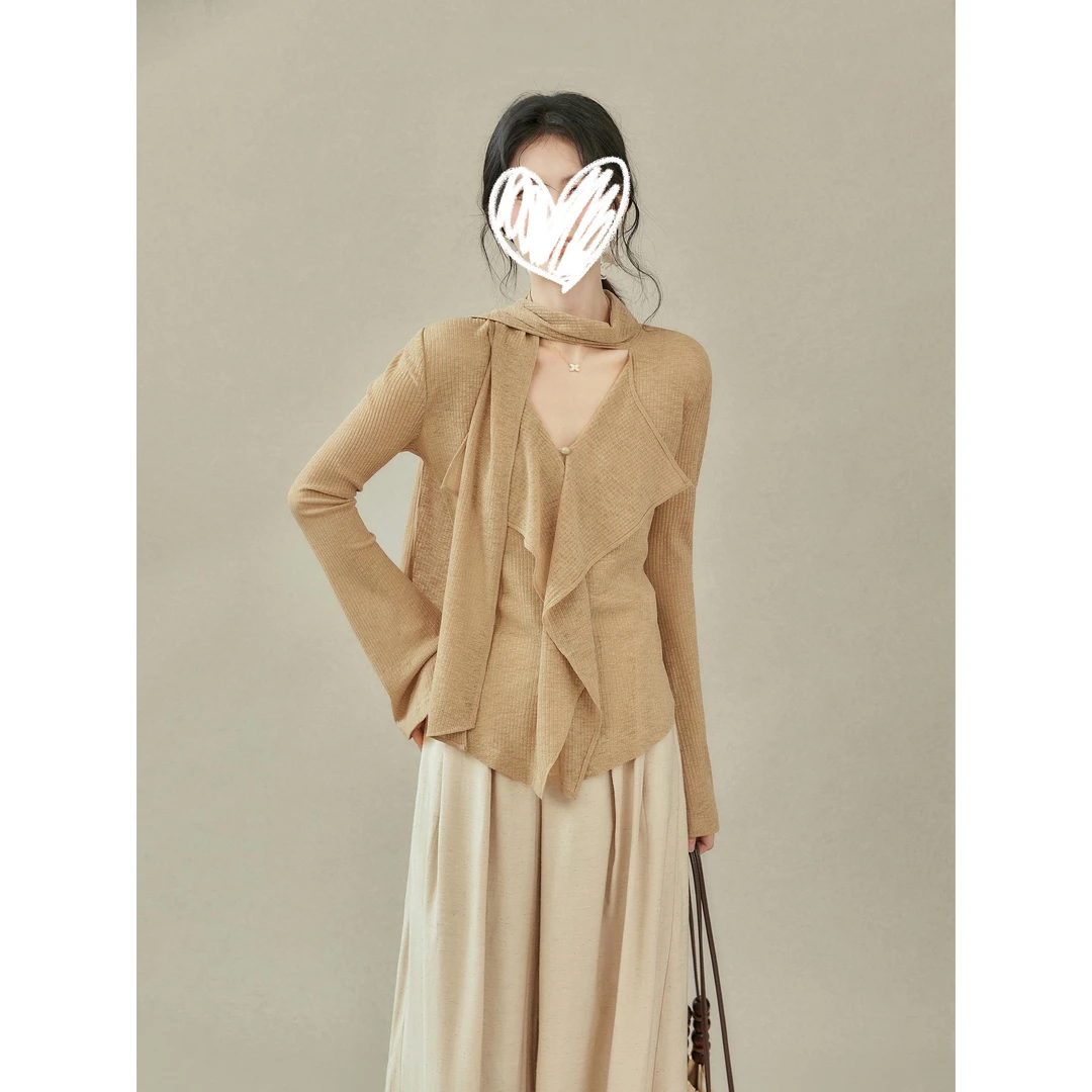 【枫叶拿铁】设计感飘带V领T恤女2025秋季新款长袖上衣