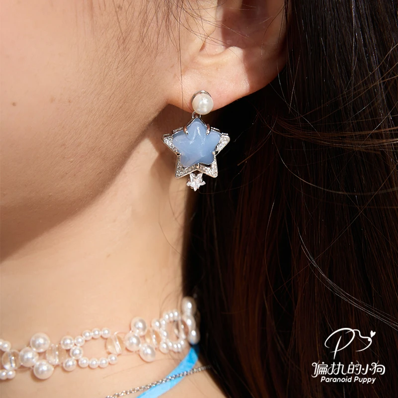 铜合金合成锆石耳饰 《蓝天使》蓝色星星耳环女小众设计耳饰