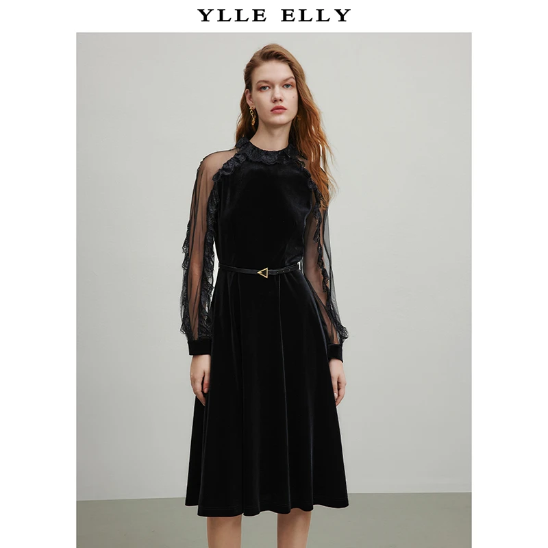 【小余专属】新款圆领蕾丝丝绒连衣裙Y530121