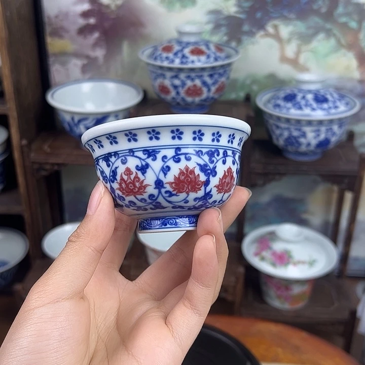 杯子缠枝莲釉里红小压手