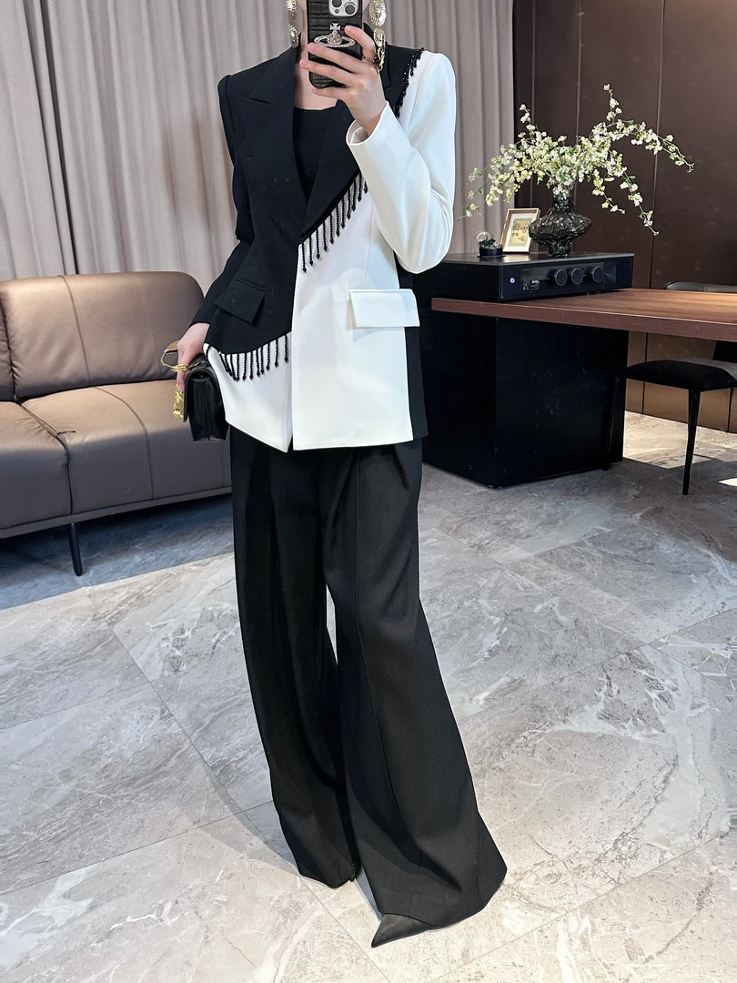 概曲（GaiQu）“音符”设计师款黑白相不规则拼色气质西装外套