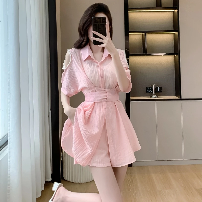 2025夏季显瘦一整套珍珠露肩衬衫加短裤两件套防晒设计感套装气质