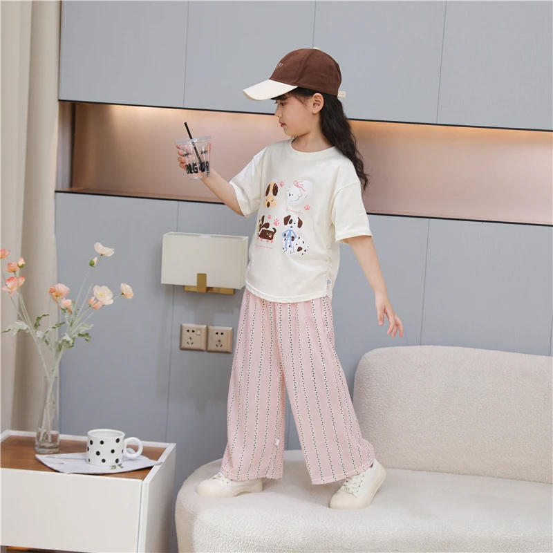 韩系慵懒风卡通印花夏季短袖条纹阔腿裤套装女童夏季新款