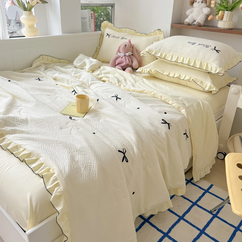 法式毛巾绣花边夏被夏凉被空调被四件套初夏奶黄
