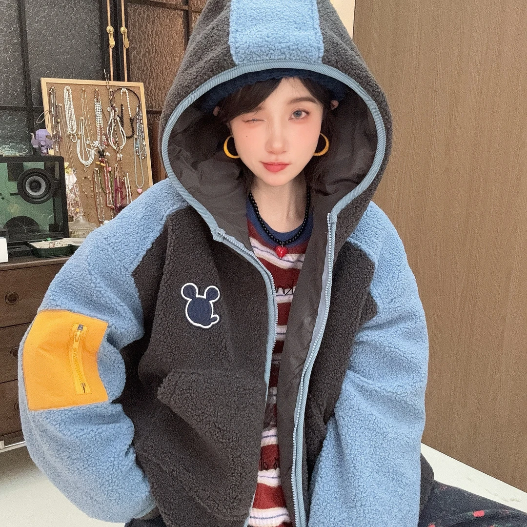 Apr.【海盐米奇】冬季加厚保暖插肩袖撞色慵懒拼接百搭外套ST613