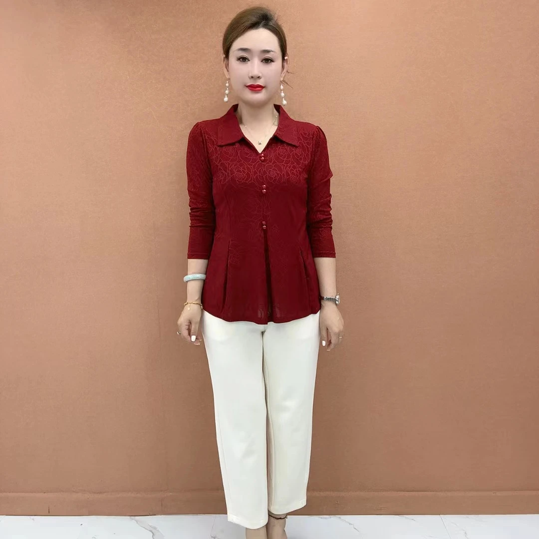 秋季长袖V领中老年女装洋气显瘦妈妈装上衣百搭休闲气质时尚宽松