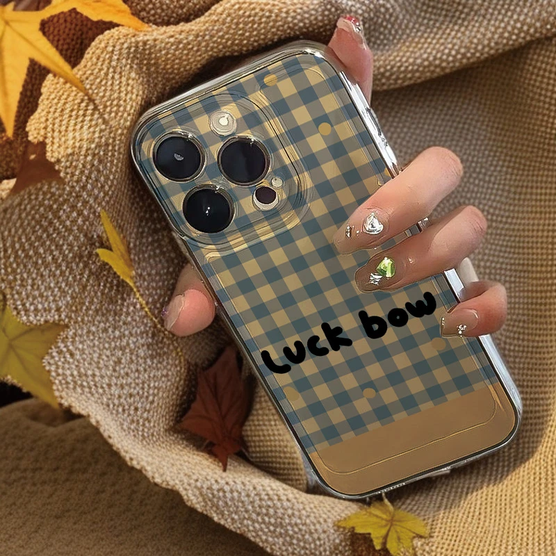 小清新黄蓝格子太空壳适用苹果16pro华为荣耀vivo小米oppo手机壳